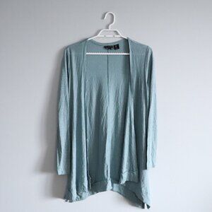 Tahari Women's Sz M Blue Open Front 100% Linen Long Sleeve Stretch Cardigan